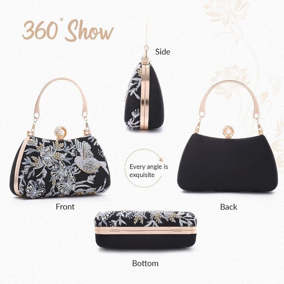 ⚡ Women's Floral Sequin Black Embroidery Evening Beaded Clutch Handbag - Picture 7 of 7